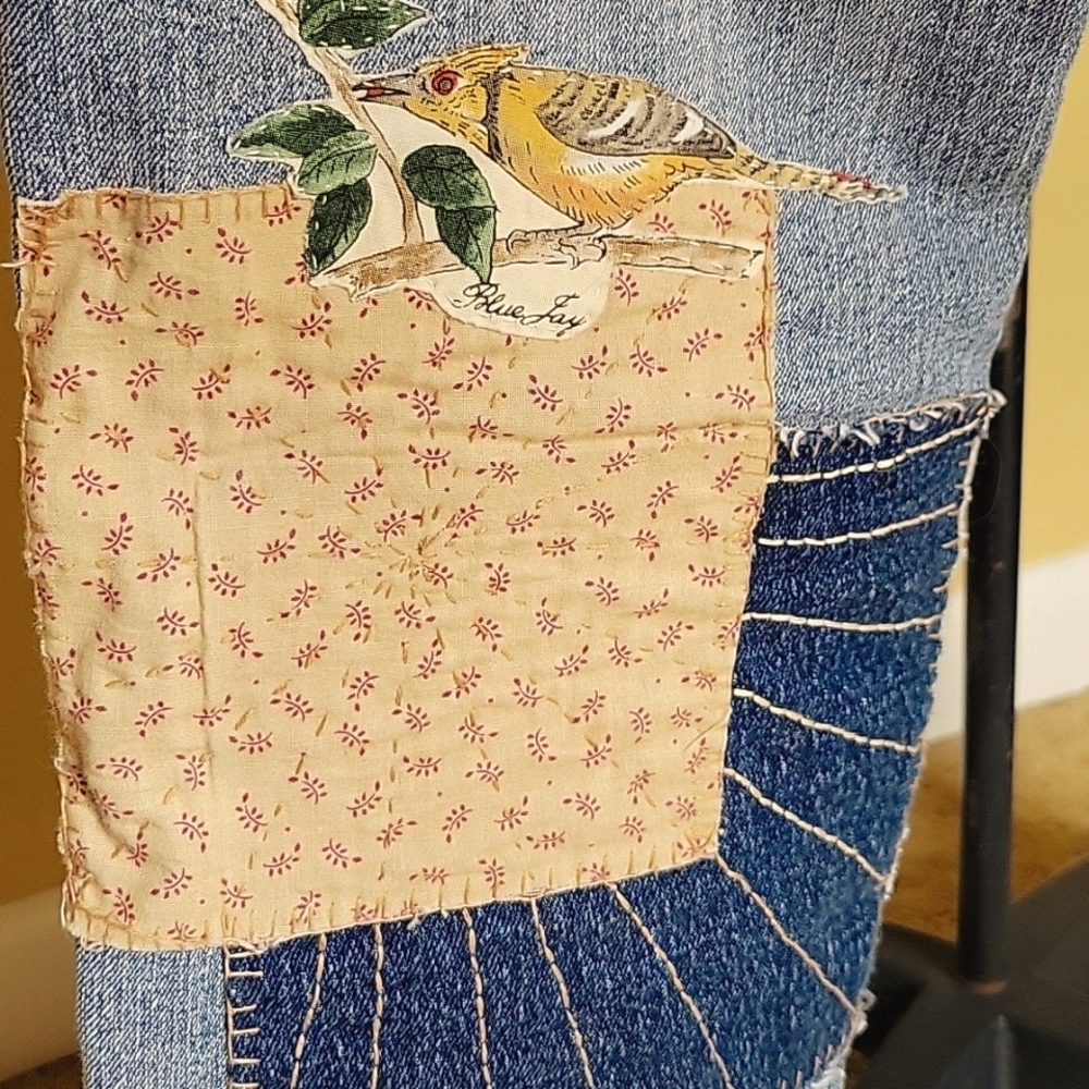 HAND CRAFTED Jeans UPCYCLED Blue Denim Patchwork Bird Floral Applique Size 6 - Picture 7 of 17
